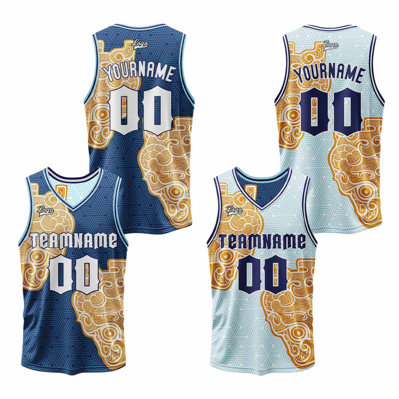 Custom Navy Light Blue Reversible Basketball Suit for Adults and Kids Personalized Jersey
