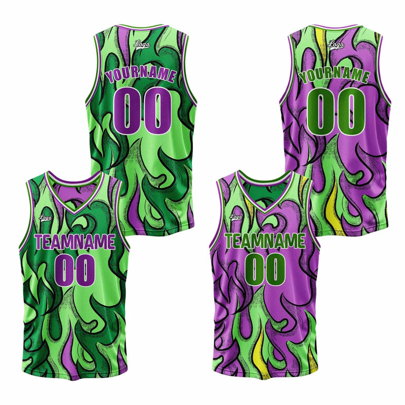 Custom Green Purple Reversible Basketball Suit for Adults and Kids Personalized Jersey