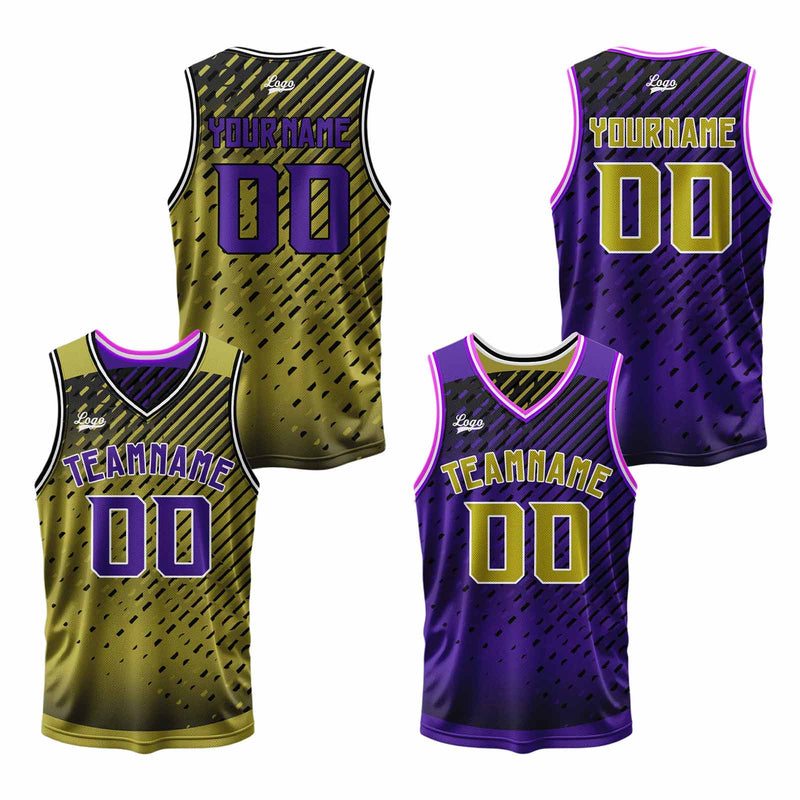 Custom Gold Purple Reversible Basketball Suit for Adults and Kids Personalized Jersey