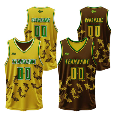 Custom Yellow Brown Reversible Basketball Suit for Adults and Kids Personalized Jersey enthsush