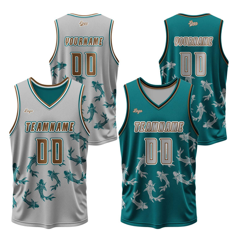 Custom Gray Green Reversible Basketball Suit for Adults and Kids Personalized Jersey