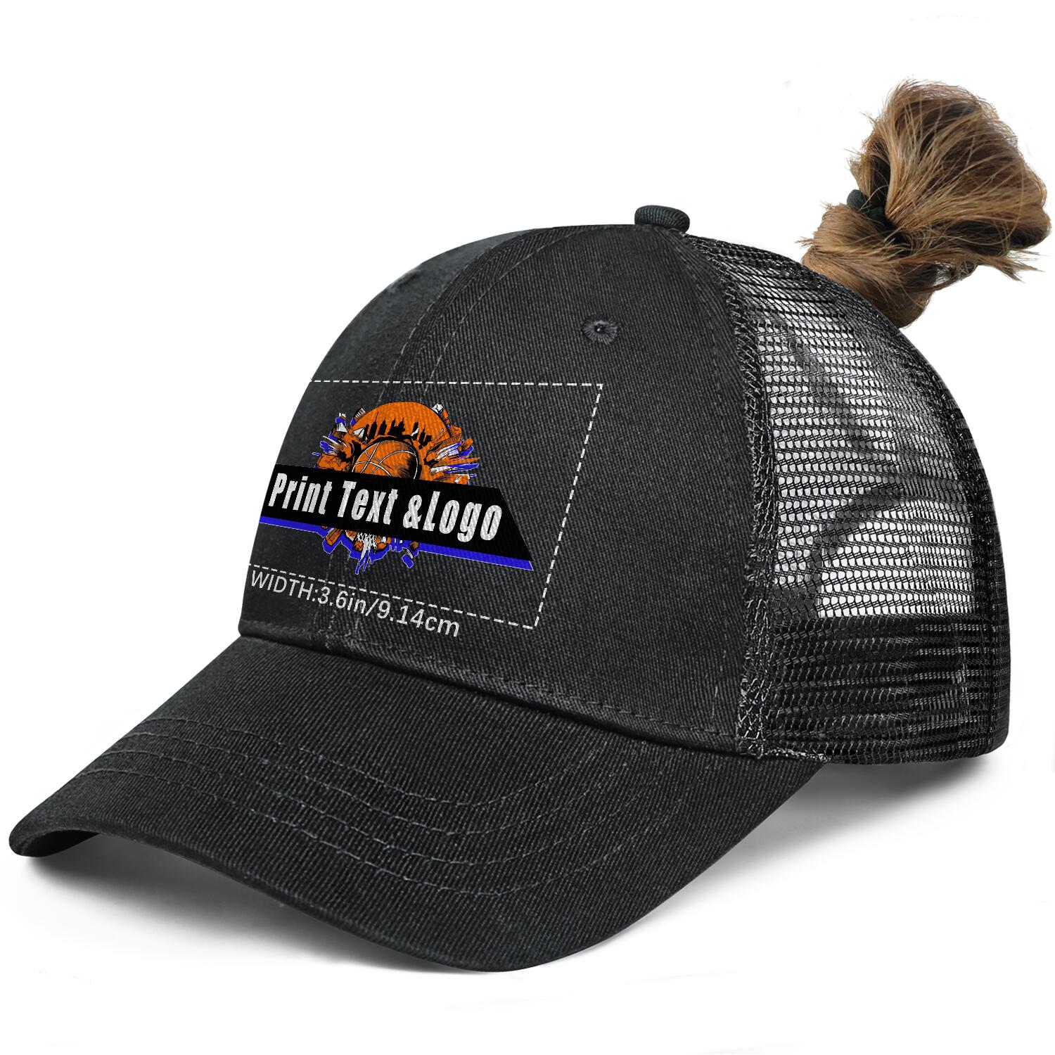 Customized Black Washed Mesh Cowboy Men's and Women's Ponytail Hat with Velcro Can be Printed Logo Text enthsush