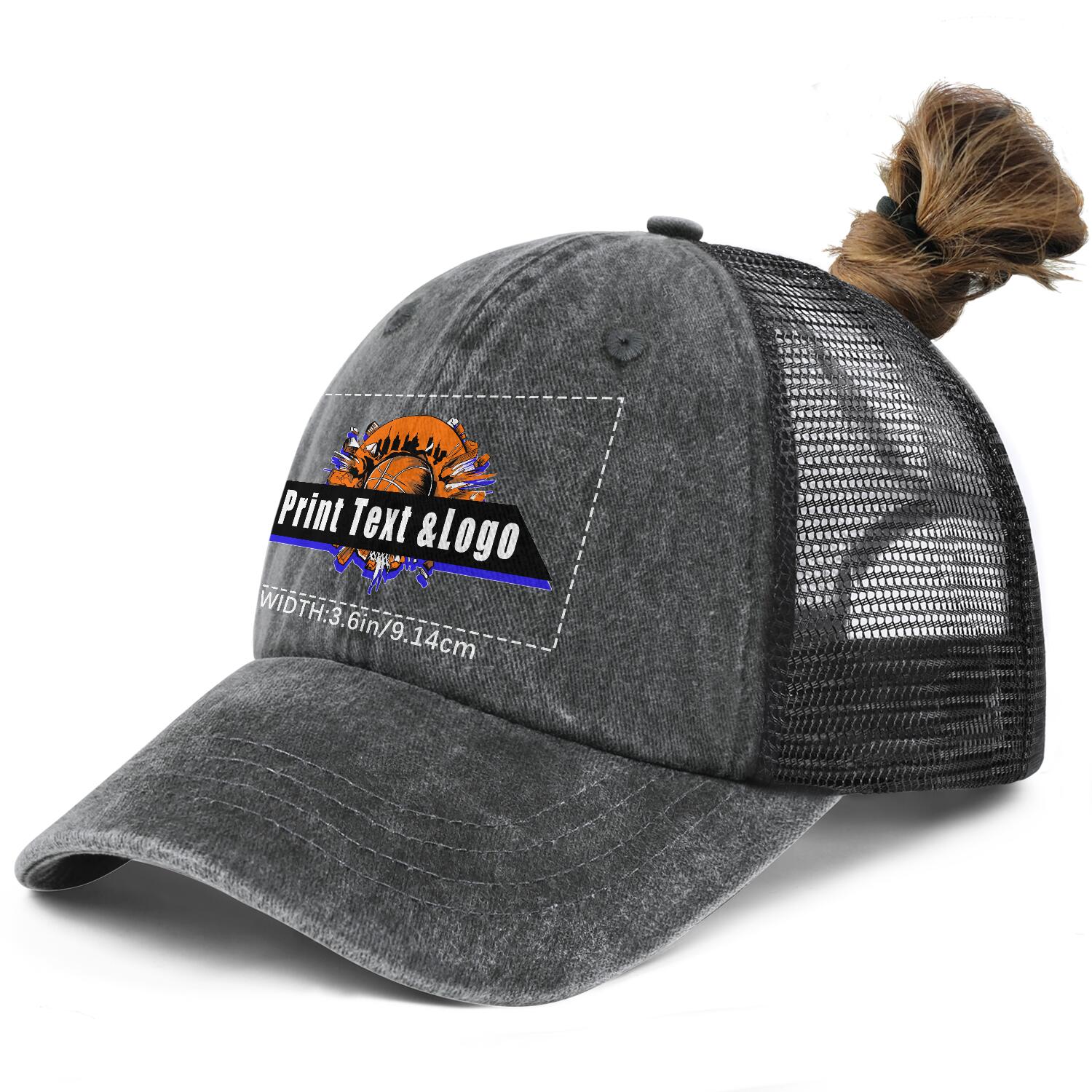Customized Grey Washed Mesh Cowboy Men's and Women's Ponytail Hat with Velcro Can be Printed Logo Text enthsush