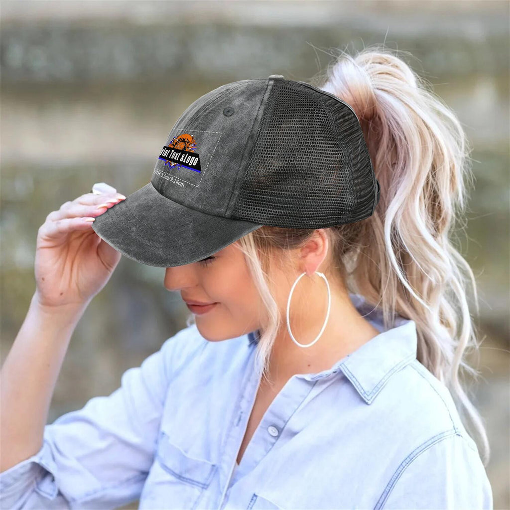 Customized Grey Washed Mesh Cowboy Men's and Women's Ponytail Hat with Velcro Can be Printed Logo Text enthsush
