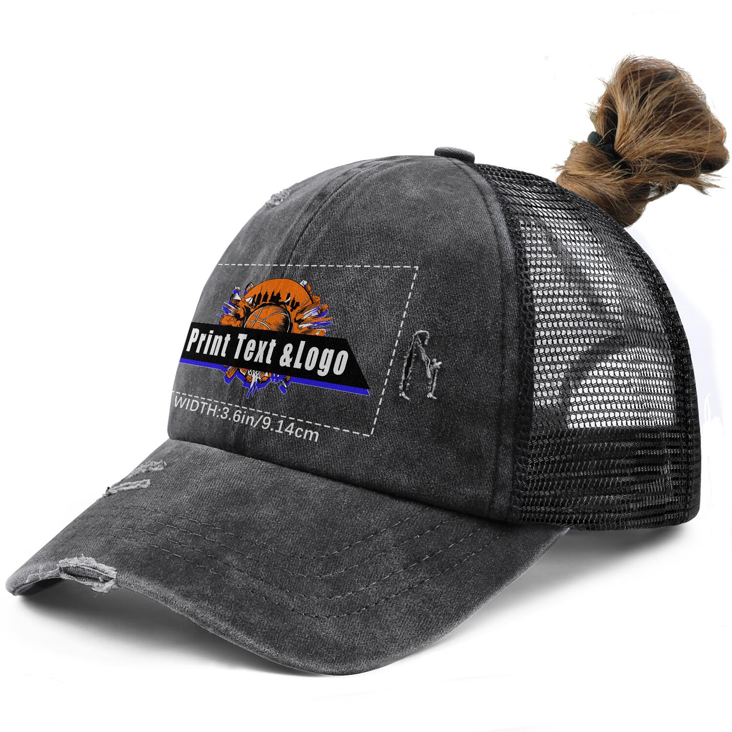 Customized Dark Grey Washed Mesh Cowboy Men's and Women's Ponytail Hat with Velcro Can be Printed Logo Text enthsush