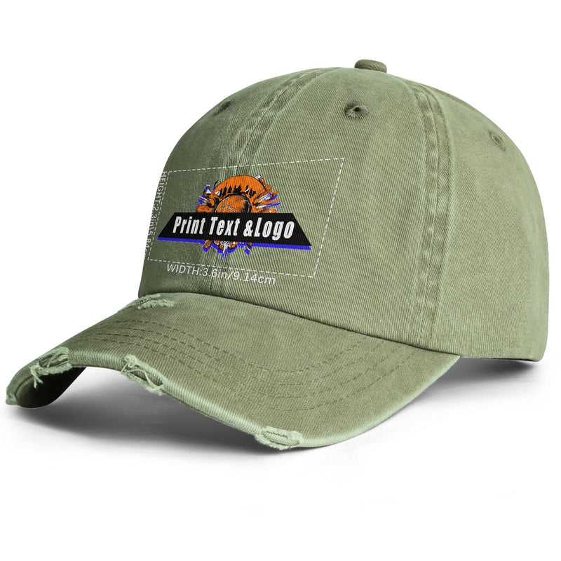 Custom Olive Green Distressed & Washed Denim Baseball Cap – Unisex Streetwear Style
