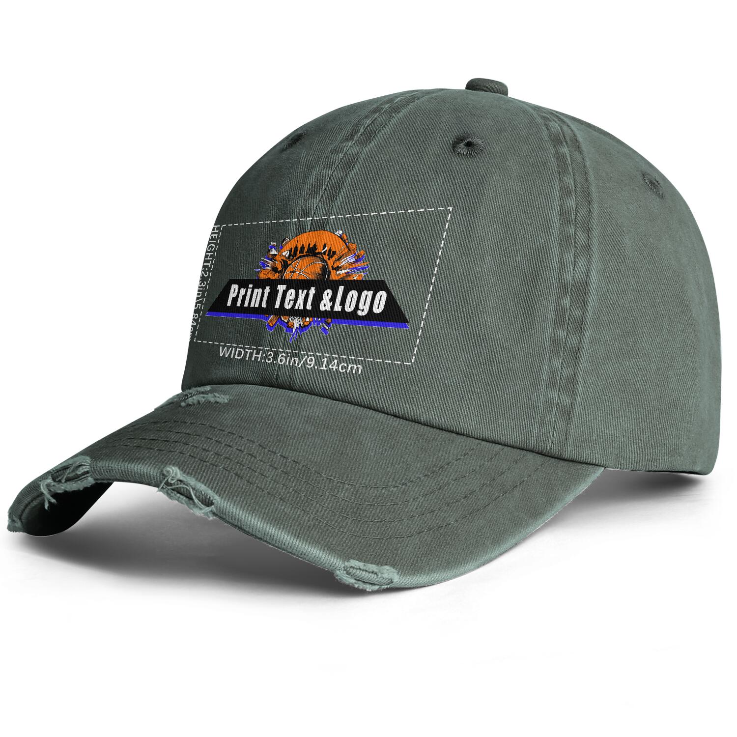 Custom Grey Green Distressed & Washed Denim Baseball Cap – Unisex Streetwear Style enthsush