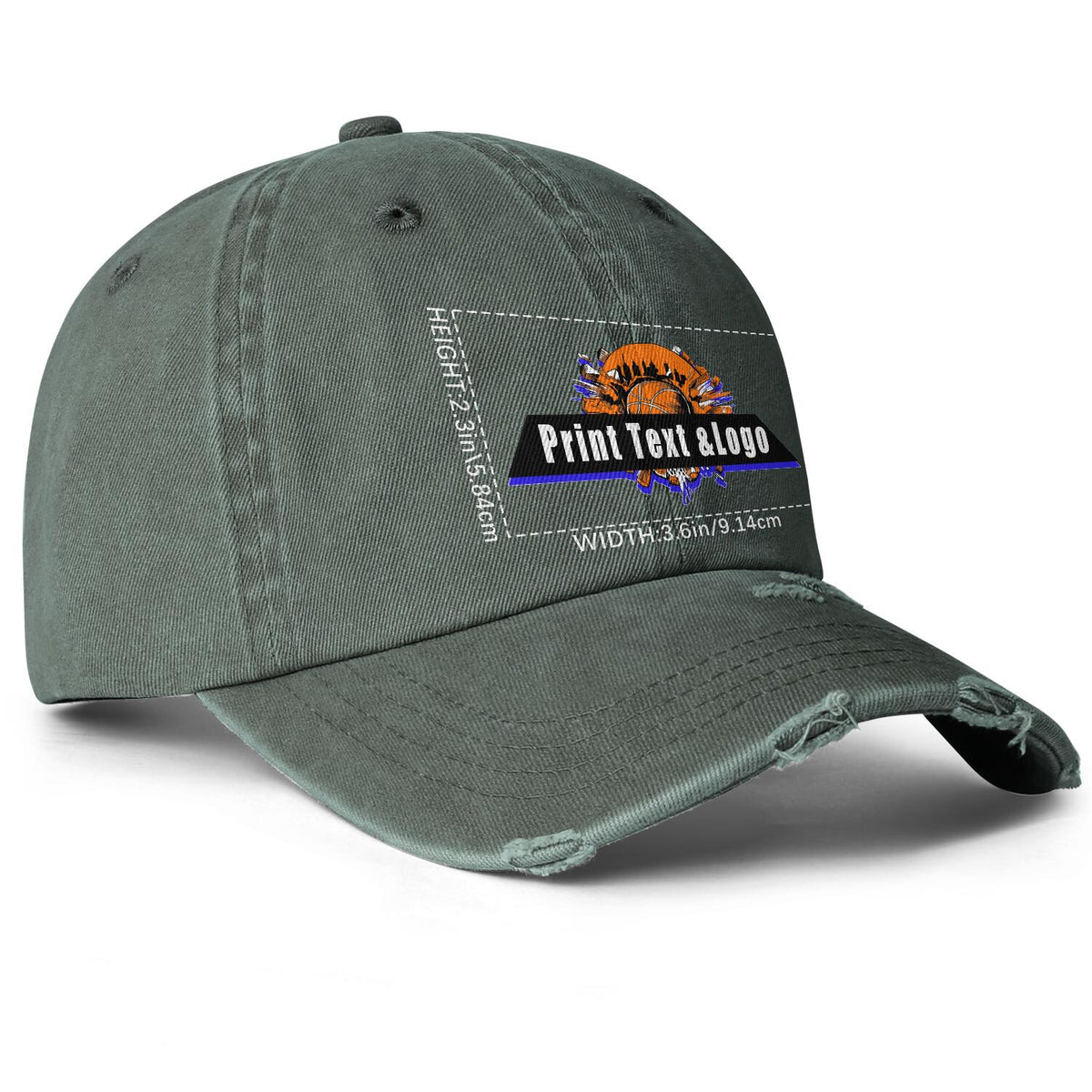 Custom Grey Green Distressed & Washed Denim Baseball Cap – Unisex Streetwear Style enthsush