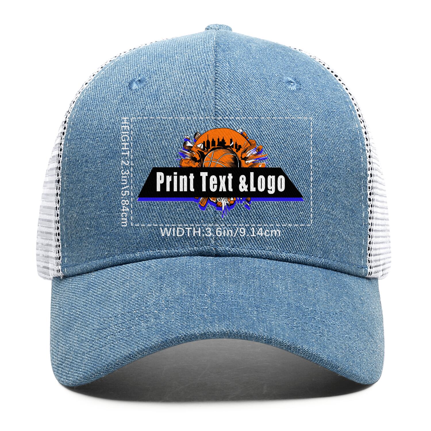 Custom Blue Denim Baseball Cap with Breathable Mesh Panels & Casual Style enthsush