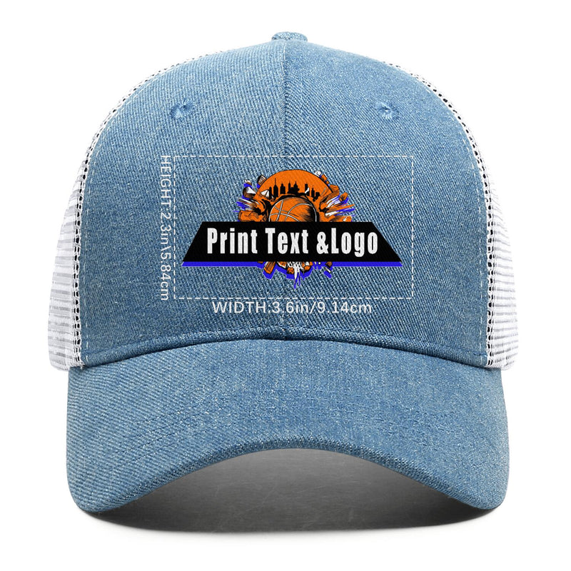Custom Blue Denim Baseball Cap with Breathable Mesh Panels & Casual Style
