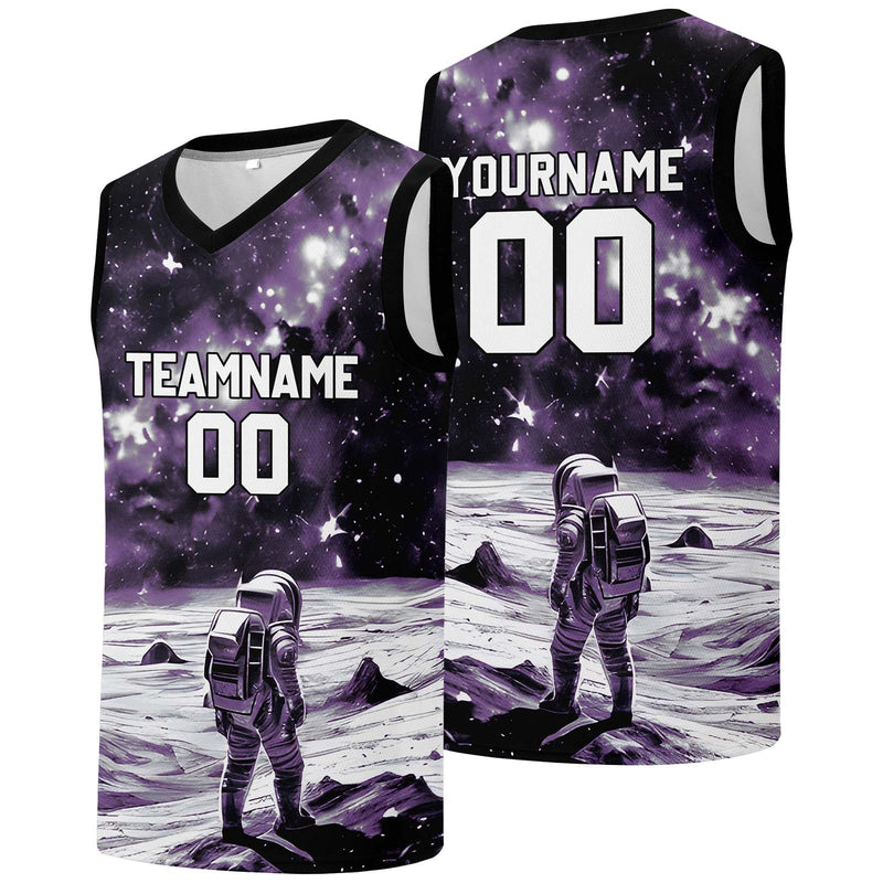 Custom basketball jersey for men and women. Stitched and printed name, number and logo Black&Purple
