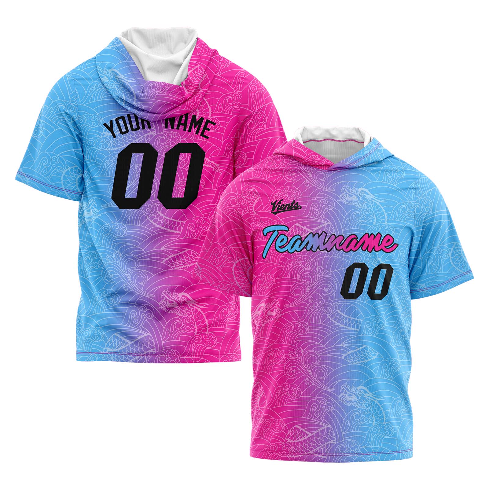 Custom Pink Light Blue Short Sleeve Hoodies for Men Women Shirts with Hoods Printed Name Logo enthsush