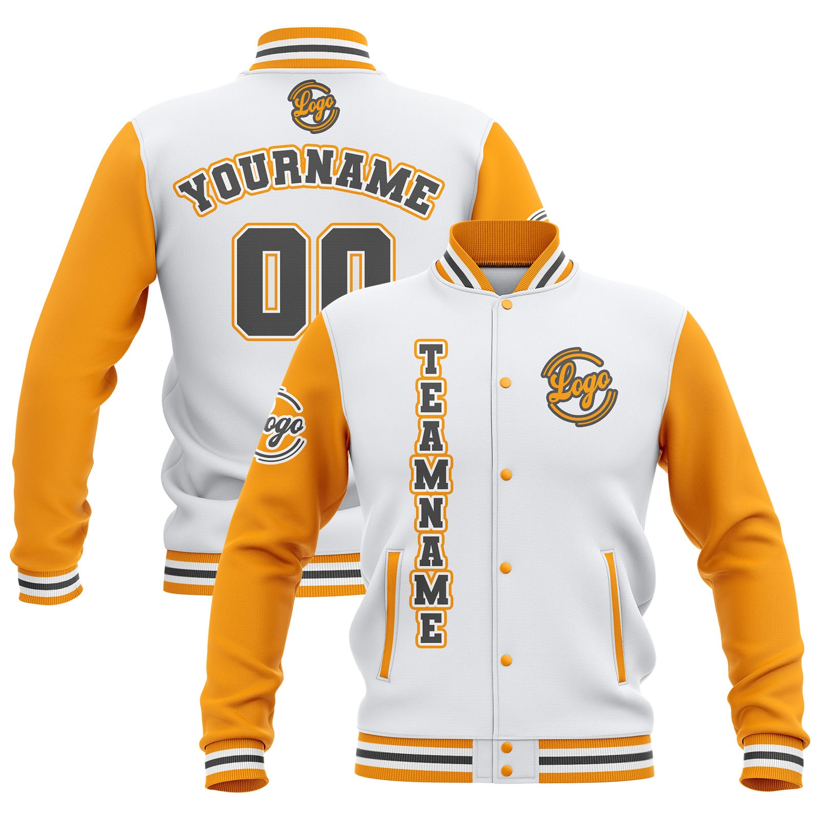 Custom White Yellow Grey Waterproof Varsity Jackets Personalized Stitched Name Number Logo to Letterman Jackets enthsush