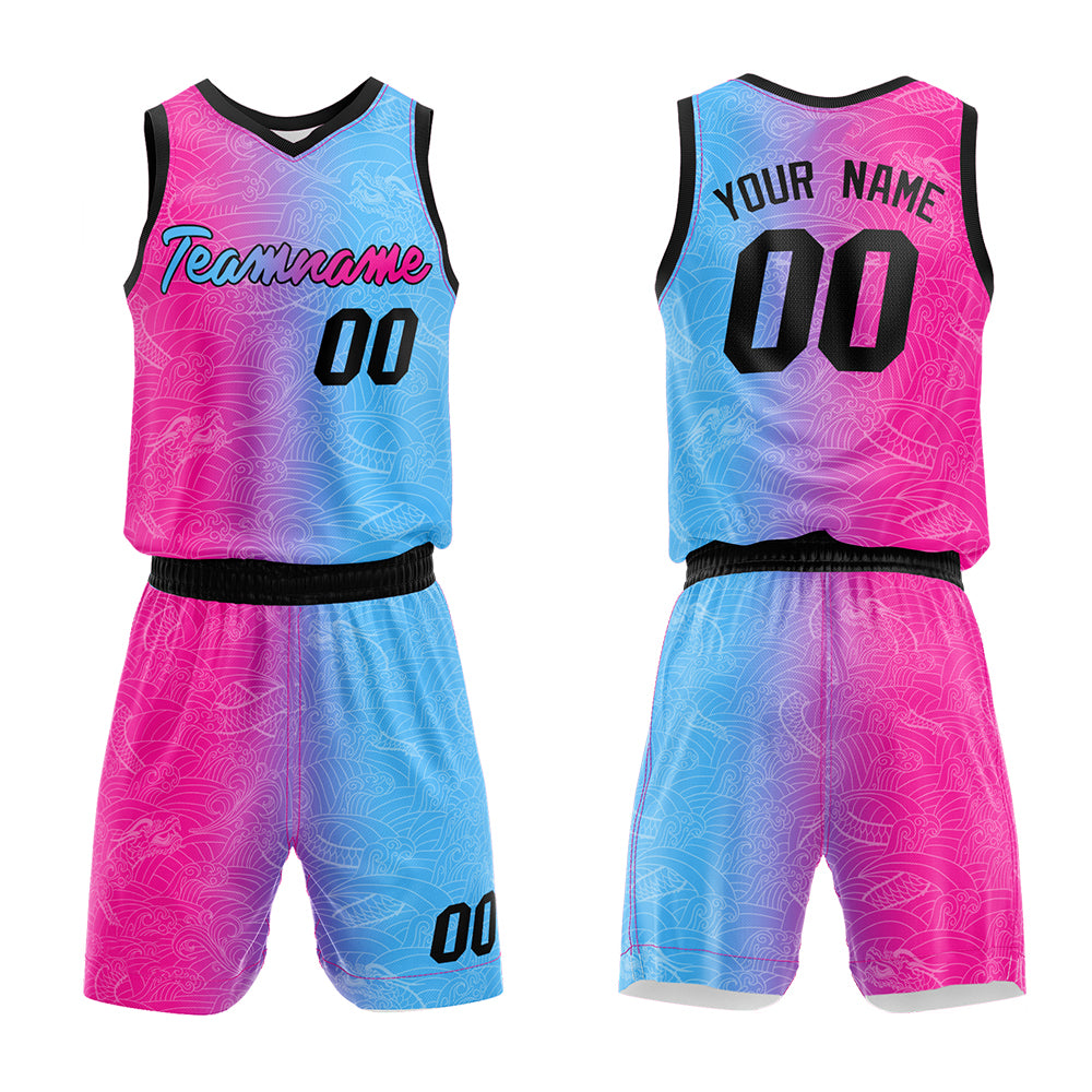 Custom Basketball Jersey Uniform Suit Printed Your Logo Name Number Hot Pink-Light Blue enthsush