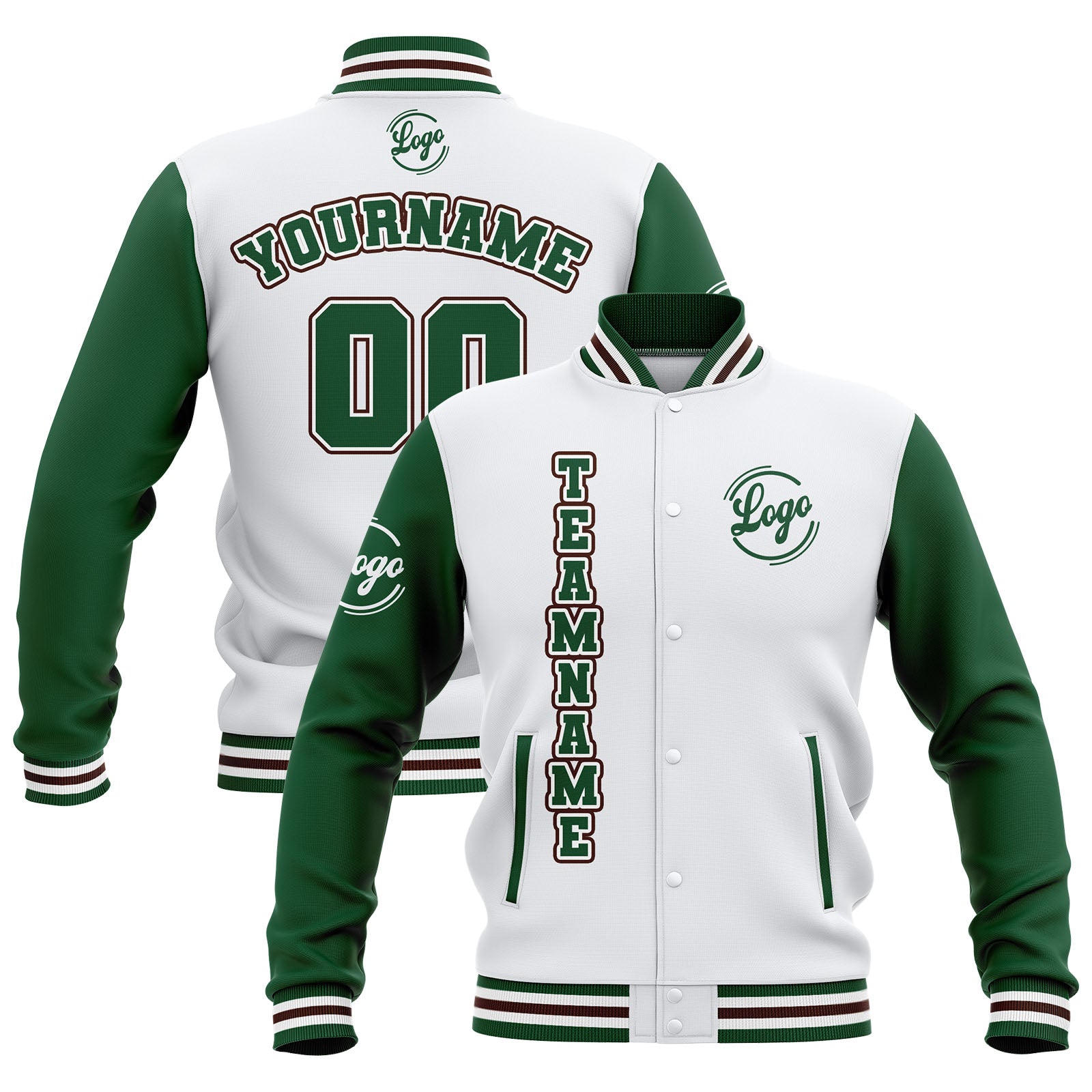 Custom White Green Brown Waterproof Varsity Jackets Personalized Stitched Name Number Logo to Letterman Jackets enthsush