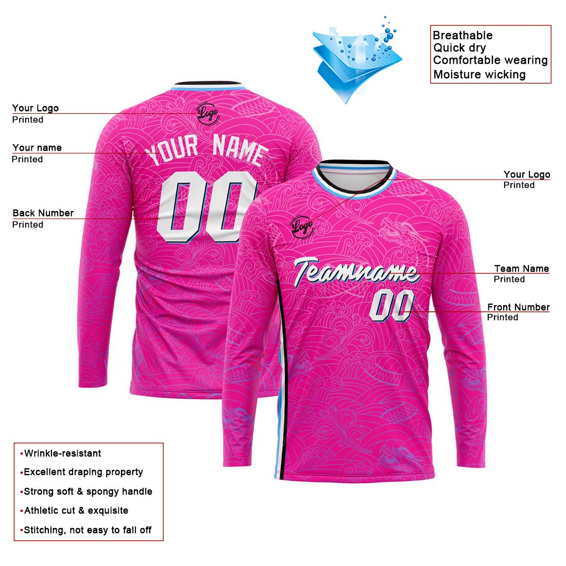 Custom Basketball Soccer Football Shooting Long T-Shirt for Adults and Kids Pink enthsush