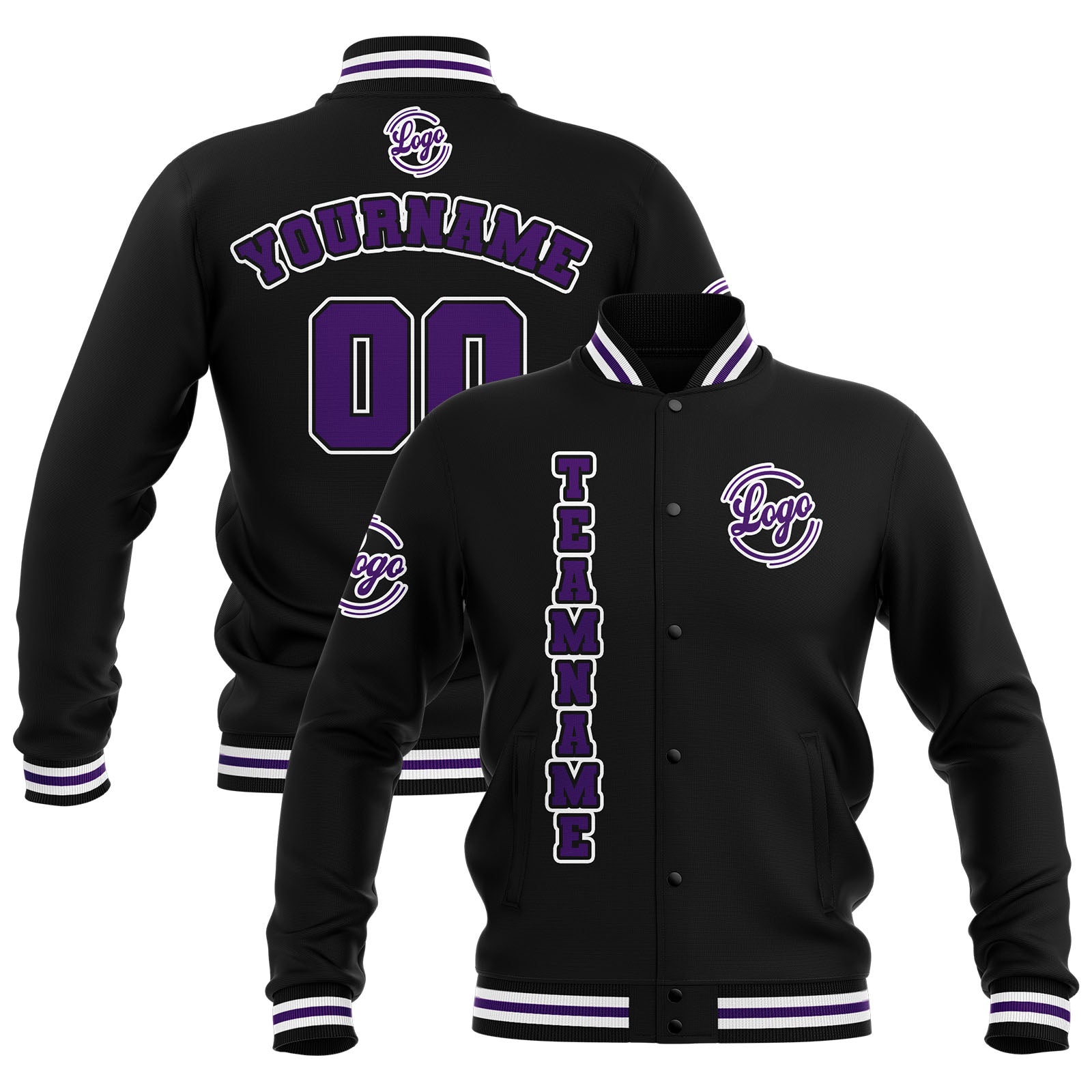 Custom Black Purple White Waterproof Varsity Jackets Personalized Stitched Name Number Logo to Letterman Jackets enthsush