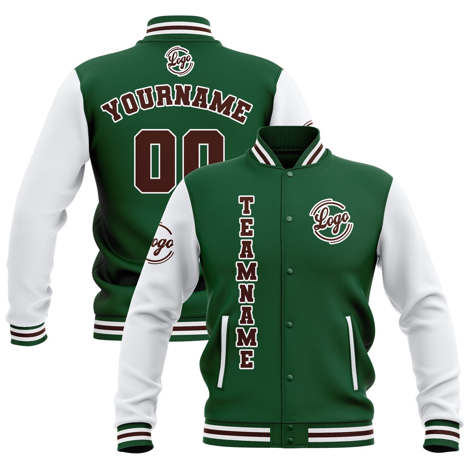 Custom Green White Brown Waterproof Varsity Jackets Personalized Stitched Name Number Logo to Letterman Jackets enthsush