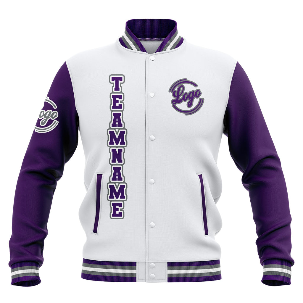 Custom White Purple Grey Waterproof Varsity Jackets Personalized Stitched Name Number Logo to Letterman Jackets enthsush