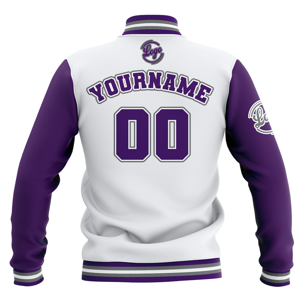 Custom White Purple Grey Waterproof Varsity Jackets Personalized Stitched Name Number Logo to Letterman Jackets enthsush