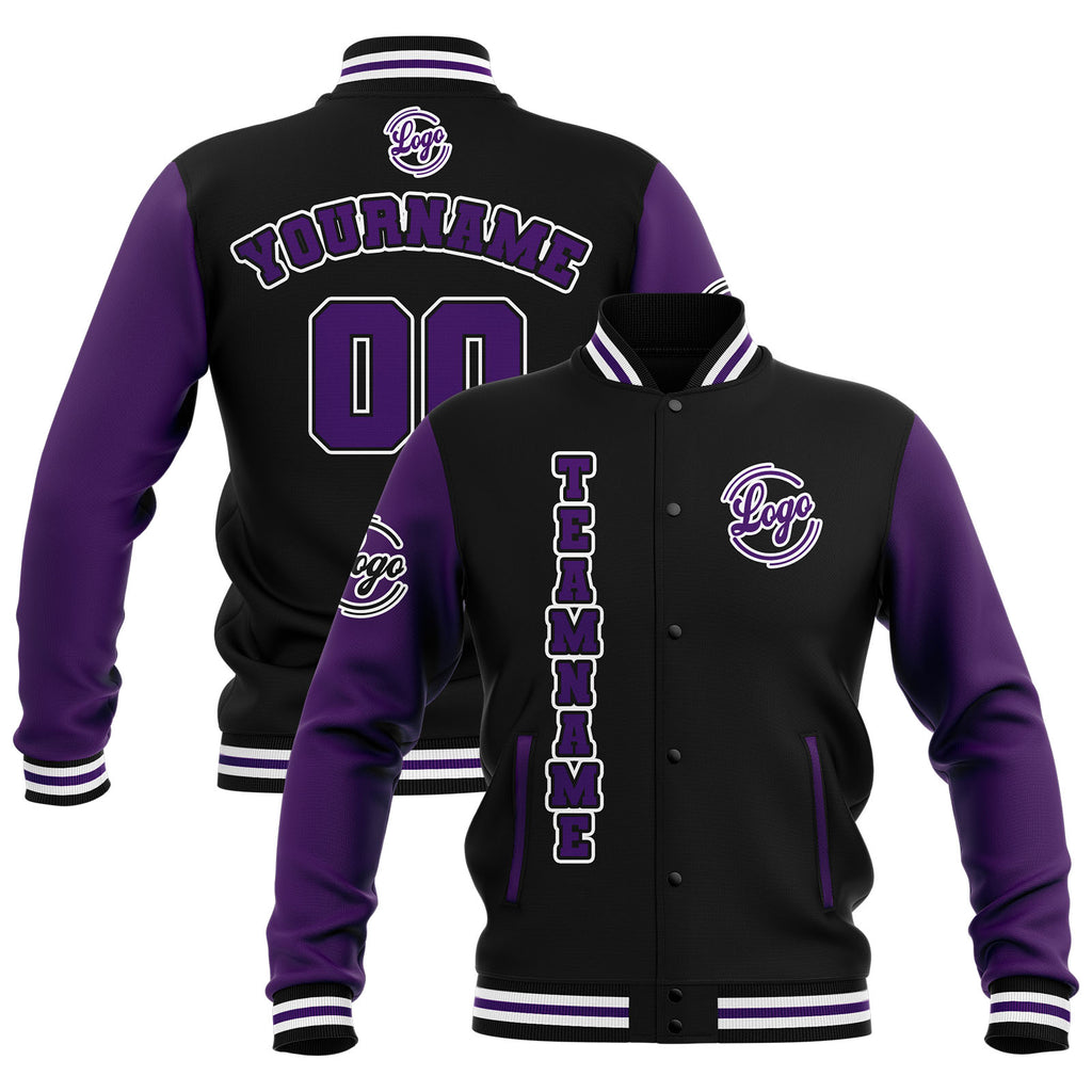 Custom Black Purple White Waterproof Varsity Jackets Personalized Stitched Name Number Logo to Letterman Jackets enthsush