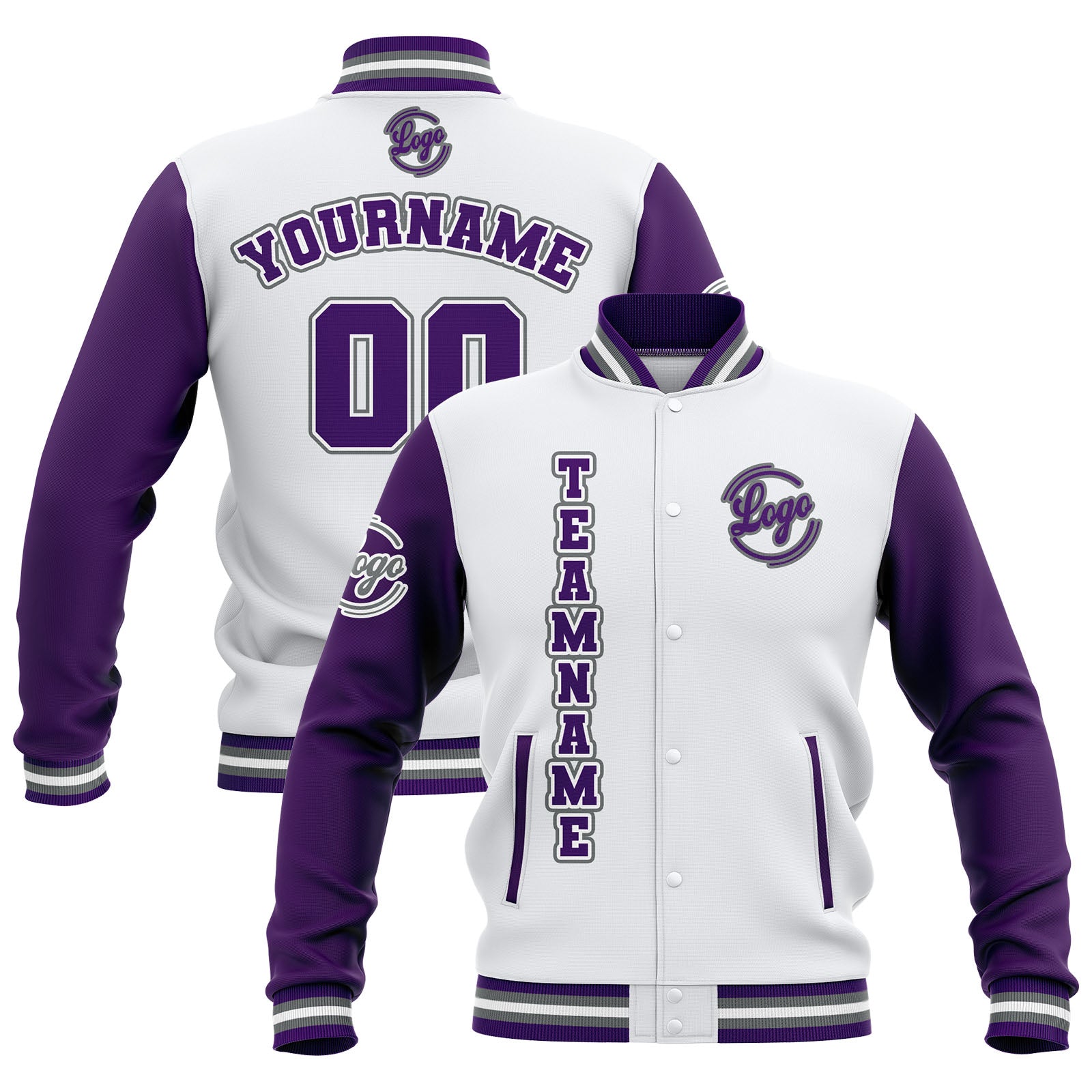 Custom White Purple Grey Waterproof Varsity Jackets Personalized Stitched Name Number Logo to Letterman Jackets enthsush