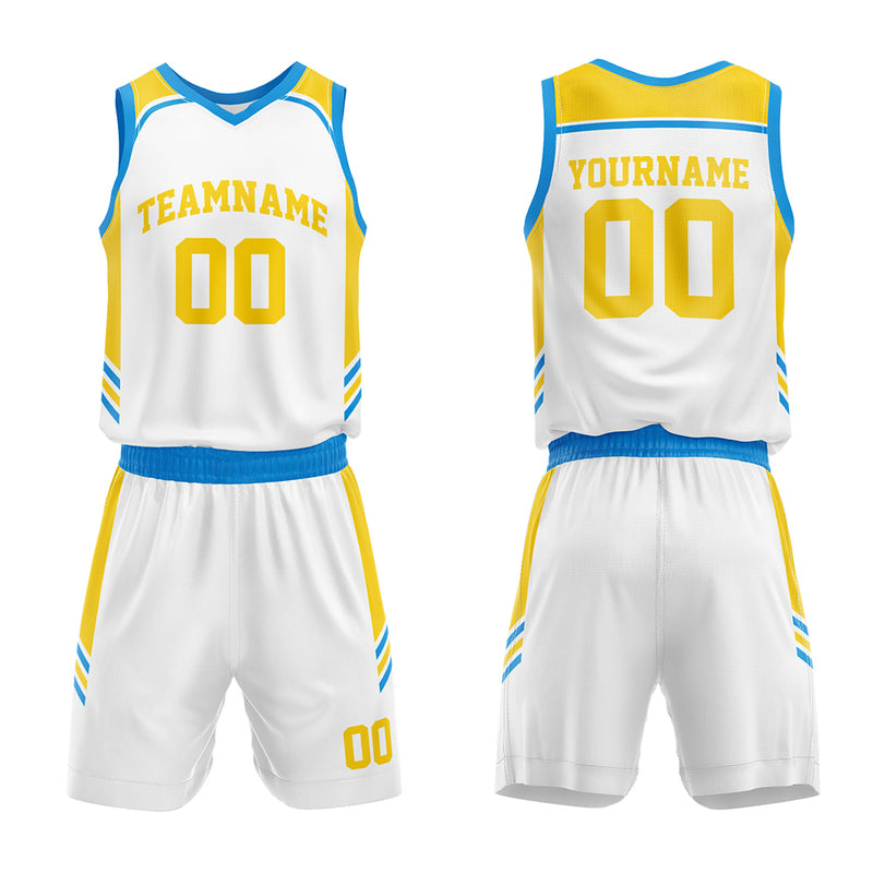 Custom Basketball Jersey Uniform Suit Printed Your Logo Name Number White-Blue-Yellow enthsush