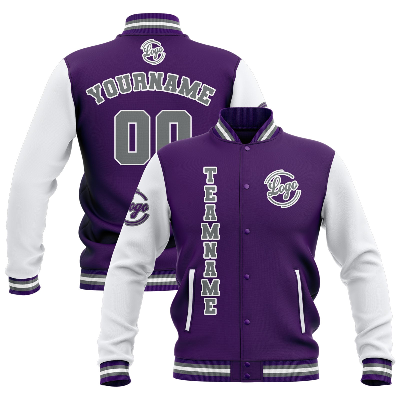 Custom Purple White Grey Waterproof Varsity Jackets Personalized Stitched Name Number Logo to Letterman Jackets enthsush