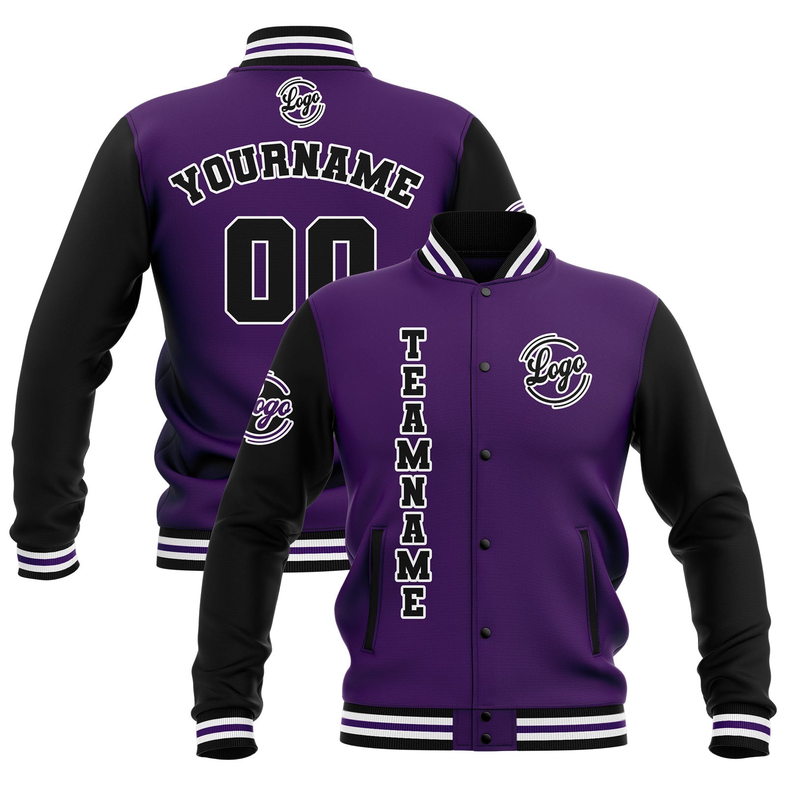 Custom Black Purple White Waterproof Varsity Jackets Personalized Stitched Name Number Logo to Letterman Jackets enthsush