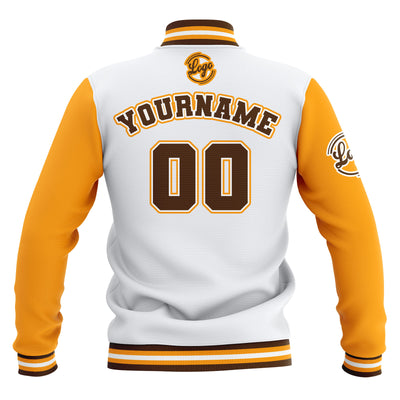 Custom White Yellow Brown Waterproof Varsity Jackets Personalized Stitched Name Number Logo to Letterman Jackets enthsush