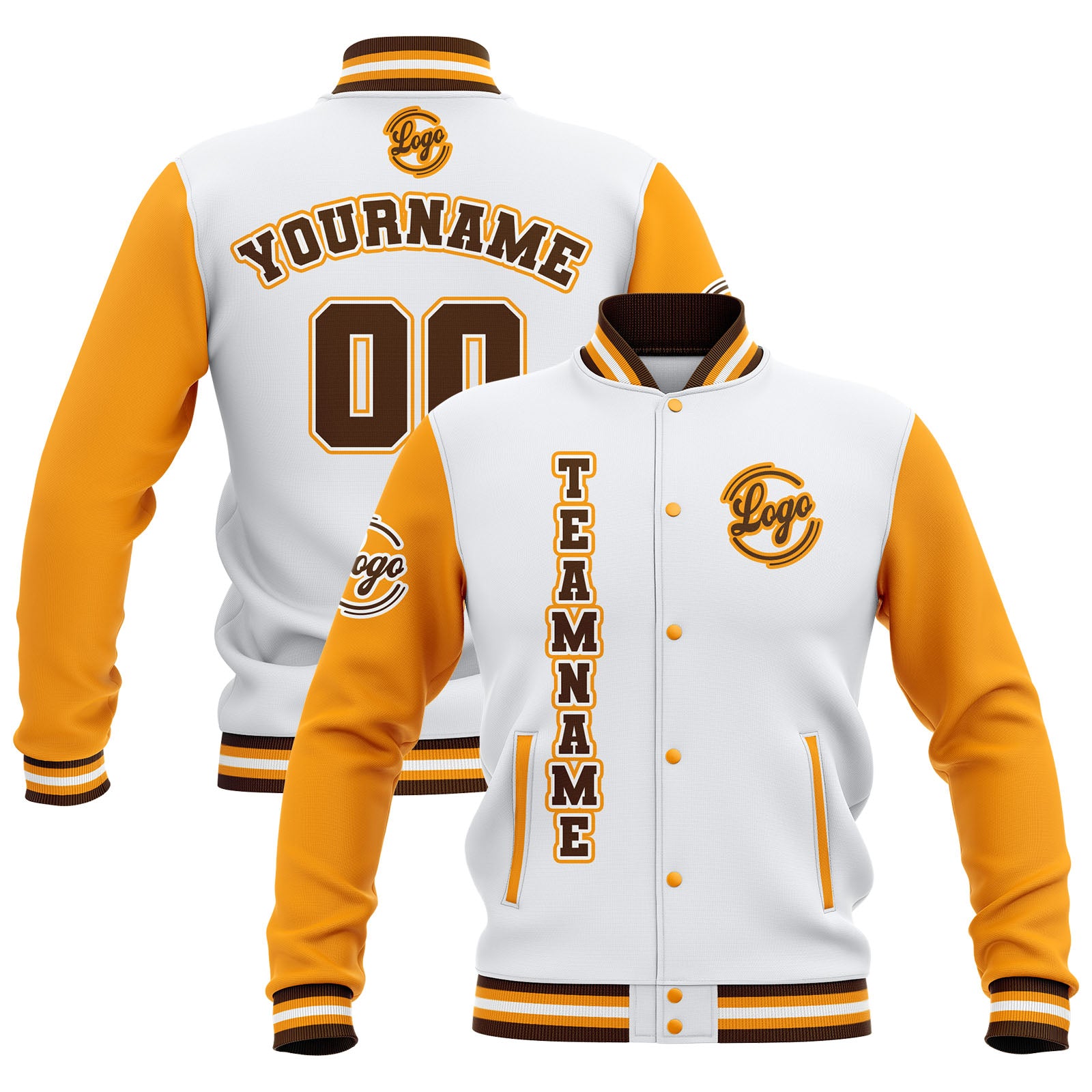 Custom White Yellow Brown Waterproof Varsity Jackets Personalized Stitched Name Number Logo to Letterman Jackets enthsush