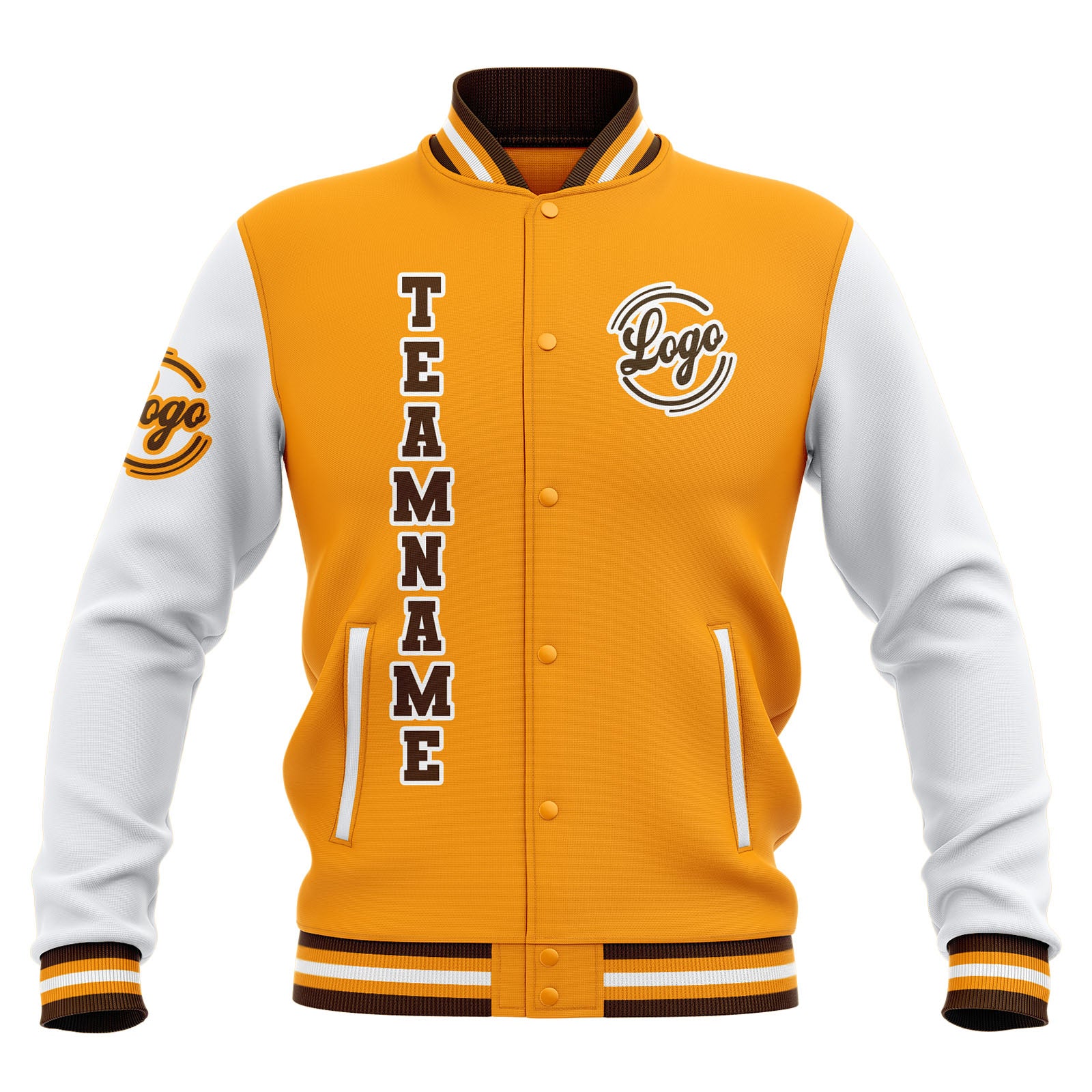 Custom Yellow White Brown Waterproof Varsity Jackets Personalized Stitched Name Number Logo to Letterman Jackets enthsush