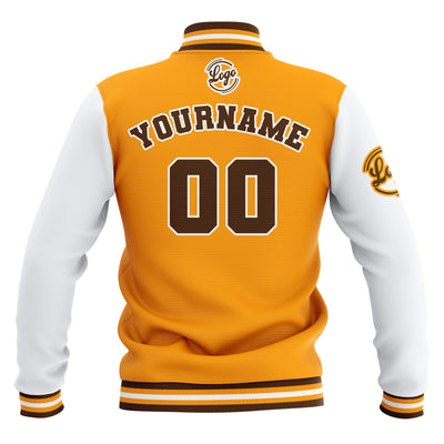Custom Yellow White Brown Waterproof Varsity Jackets Personalized Stitched Name Number Logo to Letterman Jackets enthsush
