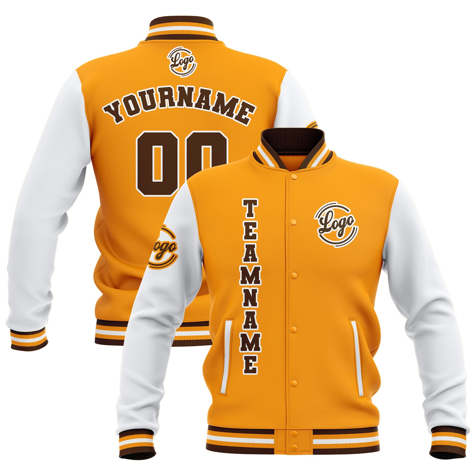 Custom Yellow White Brown Waterproof Varsity Jackets Personalized Stitched Name Number Logo to Letterman Jackets enthsush