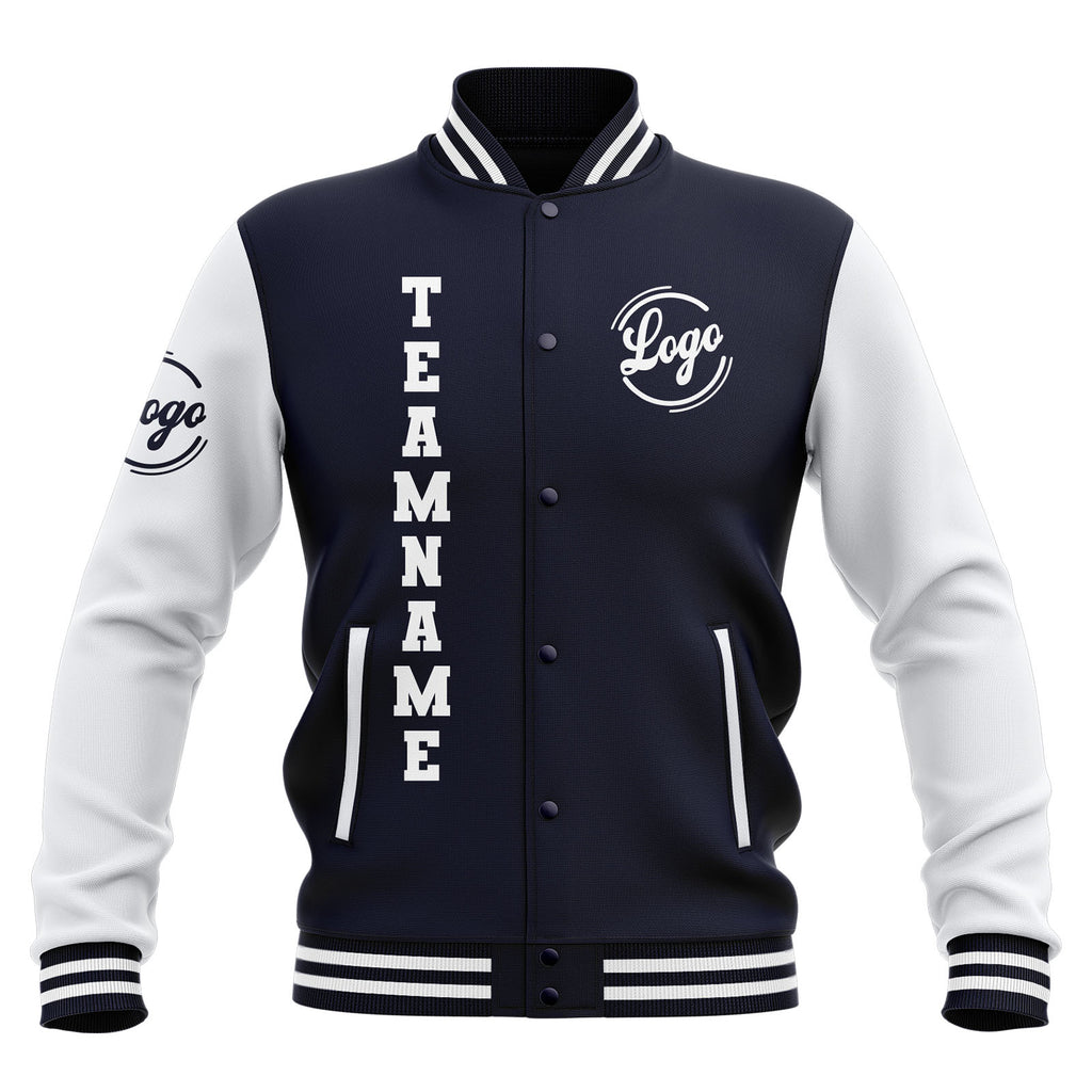 Custom Navy White Waterproof Varsity Jackets Personalized Stitched Name Number Logo to Letterman Jackets enthsush