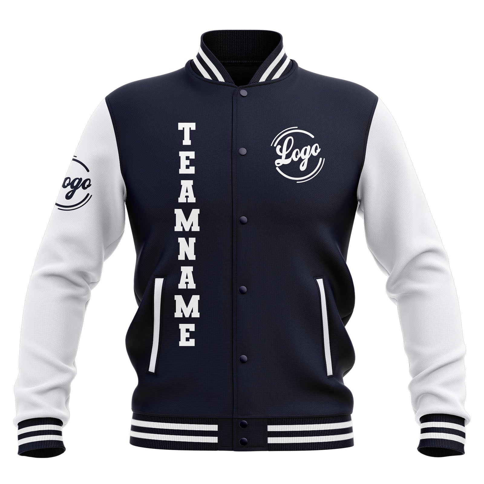 Custom Navy White Waterproof Varsity Jackets Personalized Stitched Name Number Logo to Letterman Jackets enthsush