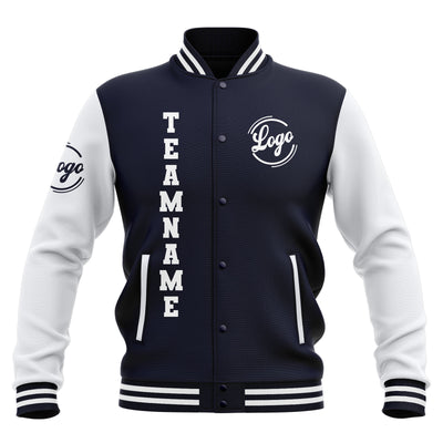 Custom Navy White Waterproof Varsity Jackets Personalized Stitched Name Number Logo to Letterman Jackets enthsush