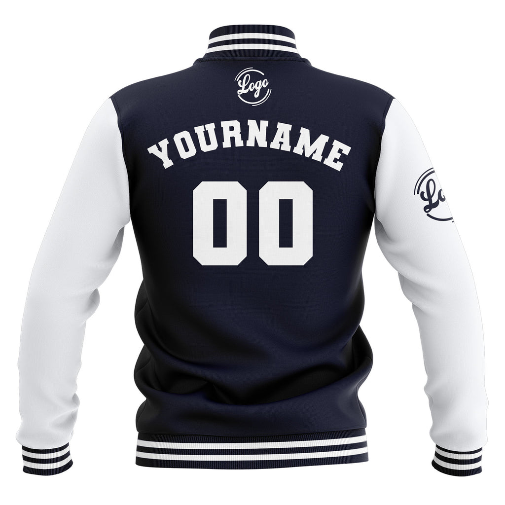 Custom Navy White Waterproof Varsity Jackets Personalized Stitched Name Number Logo to Letterman Jackets enthsush