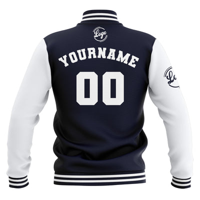 Custom Navy White Waterproof Varsity Jackets Personalized Stitched Name Number Logo to Letterman Jackets enthsush