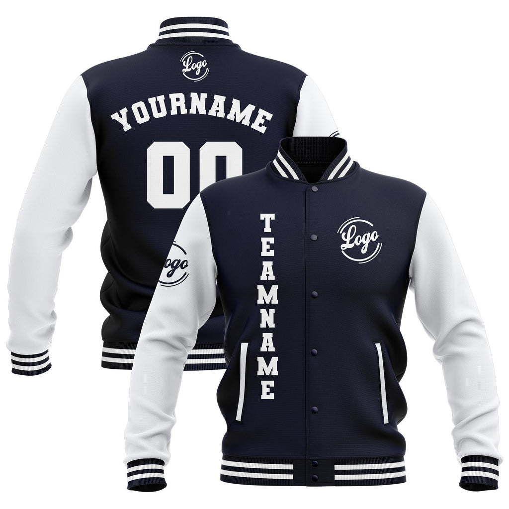 Custom Navy White Waterproof Varsity Jackets Personalized Stitched Name Number Logo to Letterman Jackets enthsush