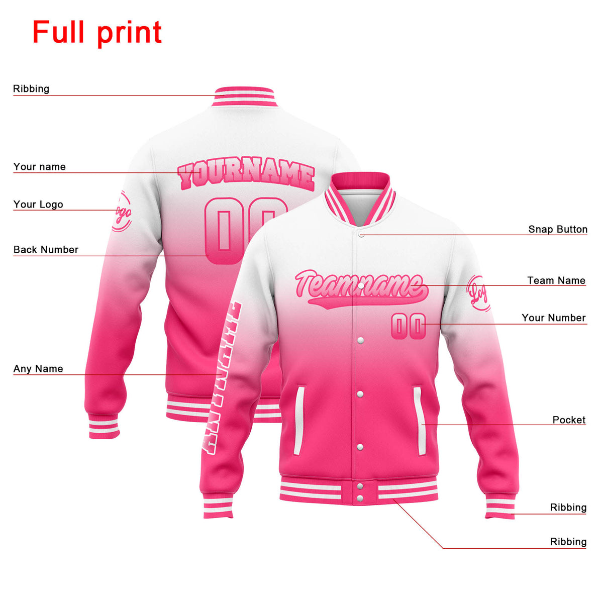 Custom Varsity Jacket Letterman jacket for Men, Women and Youth White Pink Gradient enthsush