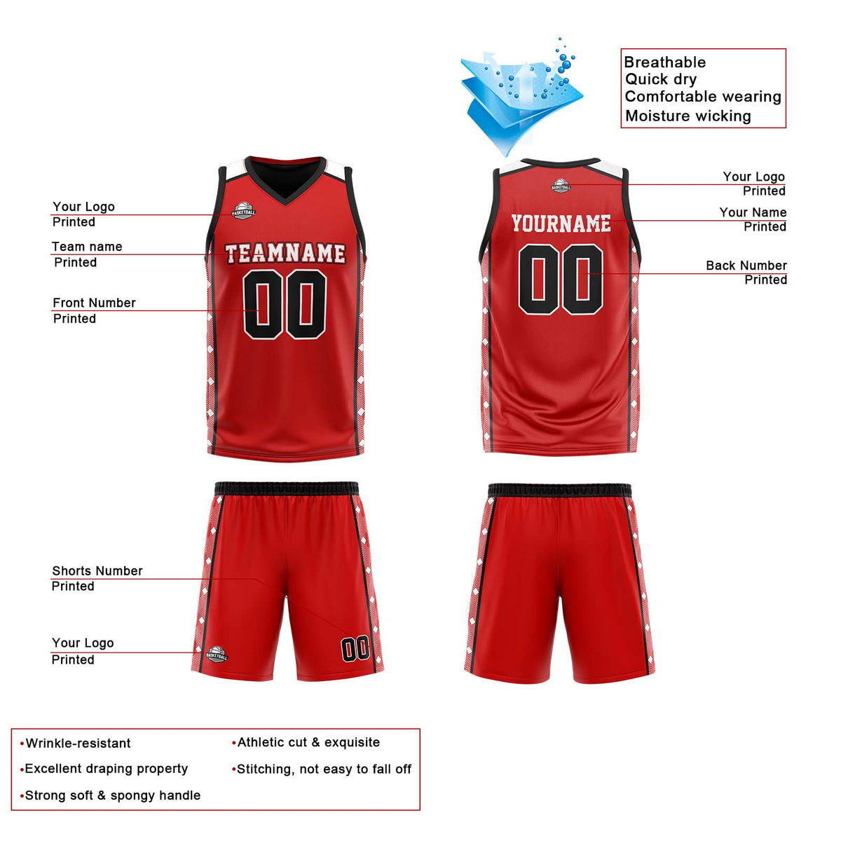Custom Red Black Reversible Basketball Suit for Adults and Kids Personalized Jersey enthsush
