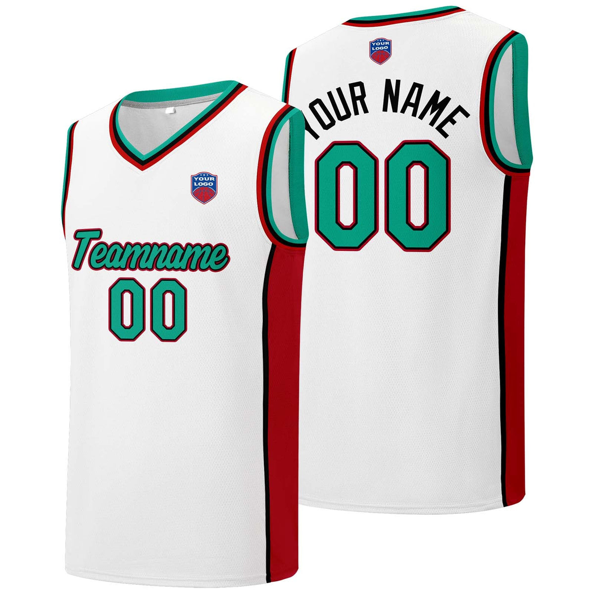 Custom basketball jersey shorts for men and women. Embroidered and printed name, number and logo White&Red&Green enthsush