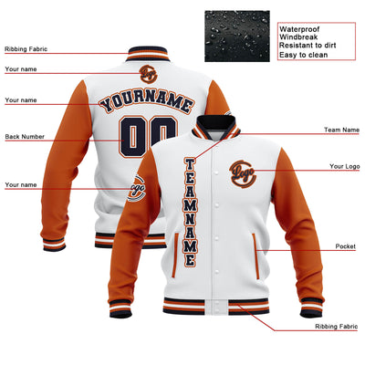 Custom White Orange Navy Waterproof Varsity Jackets Personalized Stitched Name Number Logo to Letterman Jackets enthsush