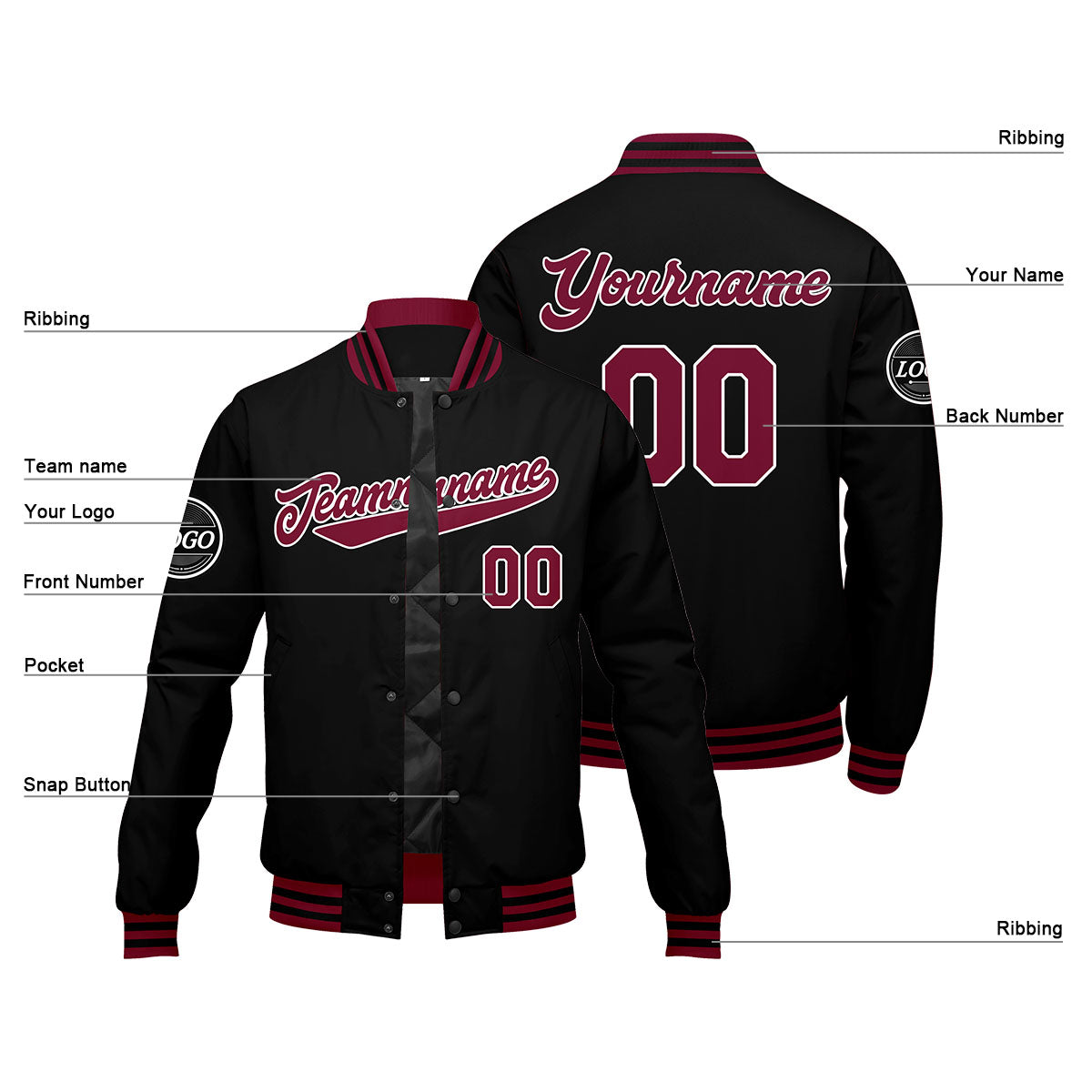 Custom Varsity Jacket Letterman jacket for Men, Women and Youth Crimson Black enthsush