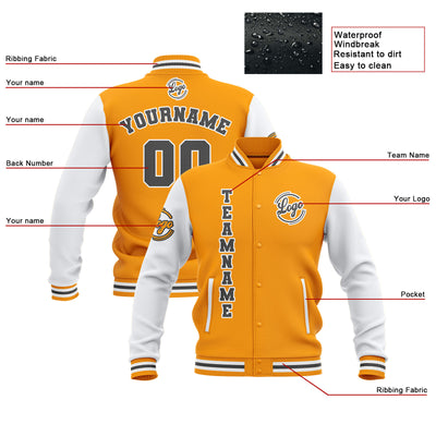 Custom Yellow White Grey Waterproof Varsity Jackets Personalized Stitched Name Number Logo to Letterman Jackets enthsush
