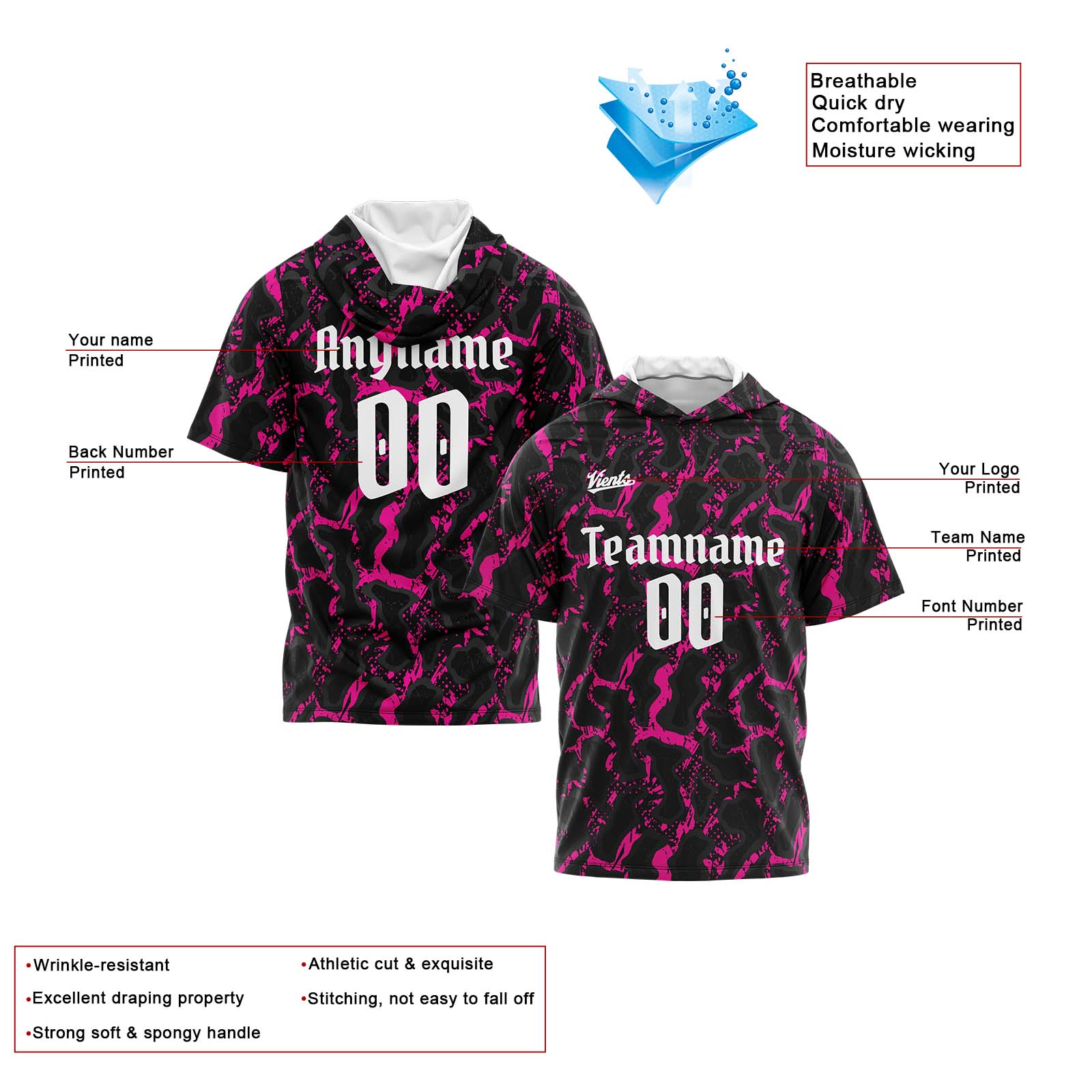 Custom Black Pink Short Sleeve Hoodies for Men Women Shirts with Hoods Printed Name Logo enthsush