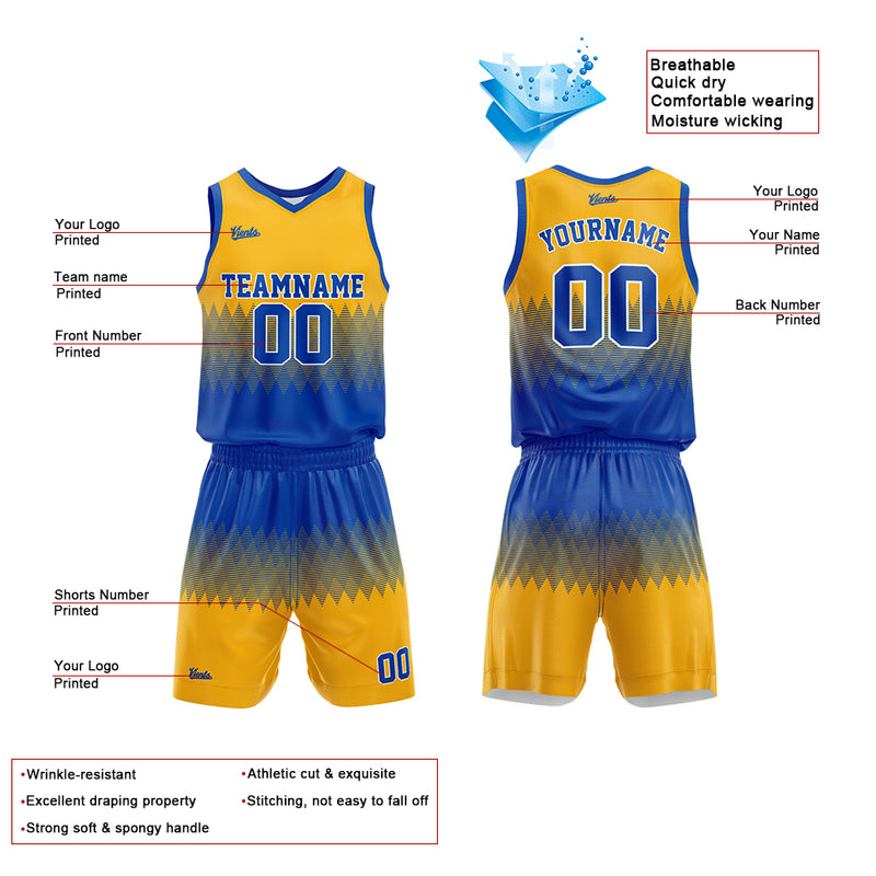 Custom Basketball Jersey Uniform Suit Printed Your Logo Name Number Blue-Yellow