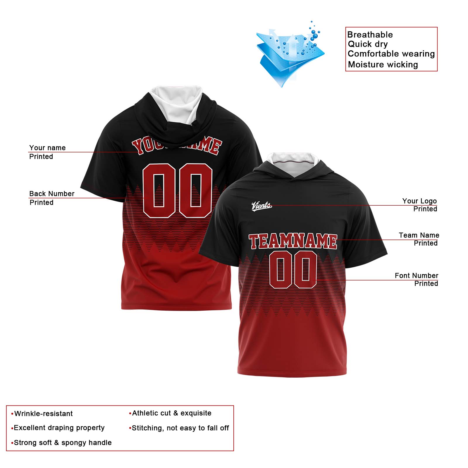 Custom Red Black Short Sleeve Hoodies for Men Women Shirts with Hoods Printed Name Logo enthsush