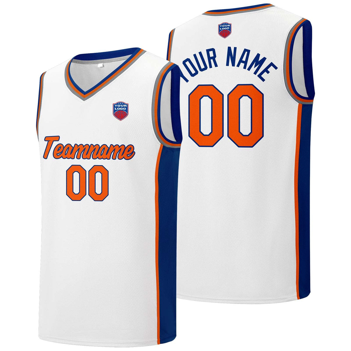 Custom basketball jersey shorts for men and women. Embroidered and printed name, number and logo White enthsush